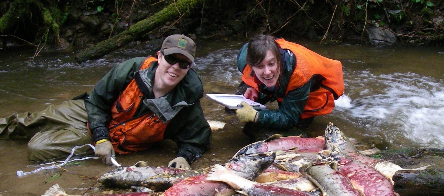 Male and female stream surveyors posing with a pile of spawned out salmon.