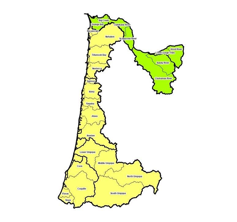 Image of western Oregon regions, with distinctive chum monitoring areas labeled.